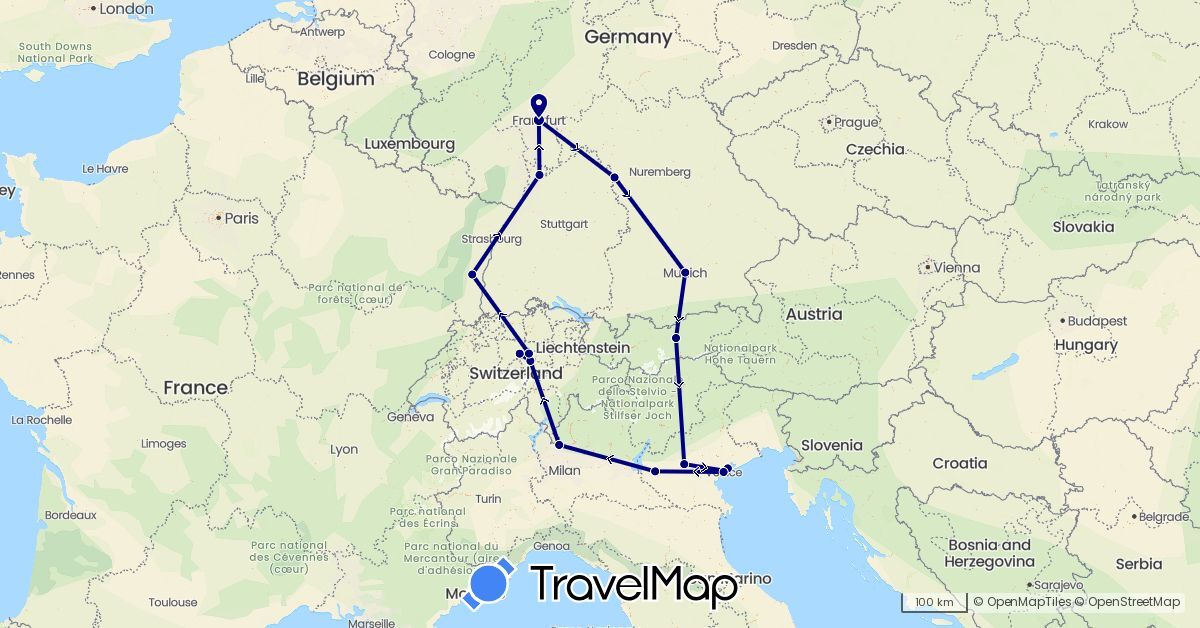 TravelMap itinerary: driving in Austria, Switzerland, Germany, France, Italy (Europe)